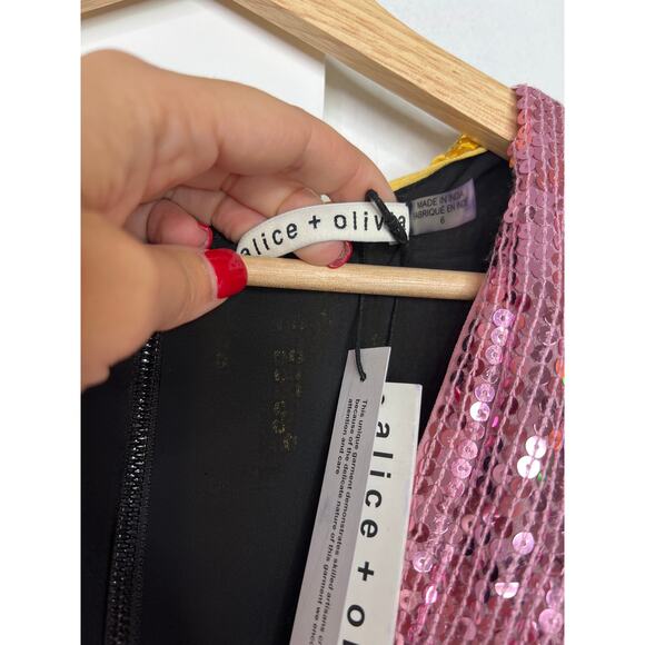 NWT Alice + Olivia Long Sleeve V-Neck Blaze Colorblock Sequin Mini Dress Sz: 6 - Picture 5 of 9